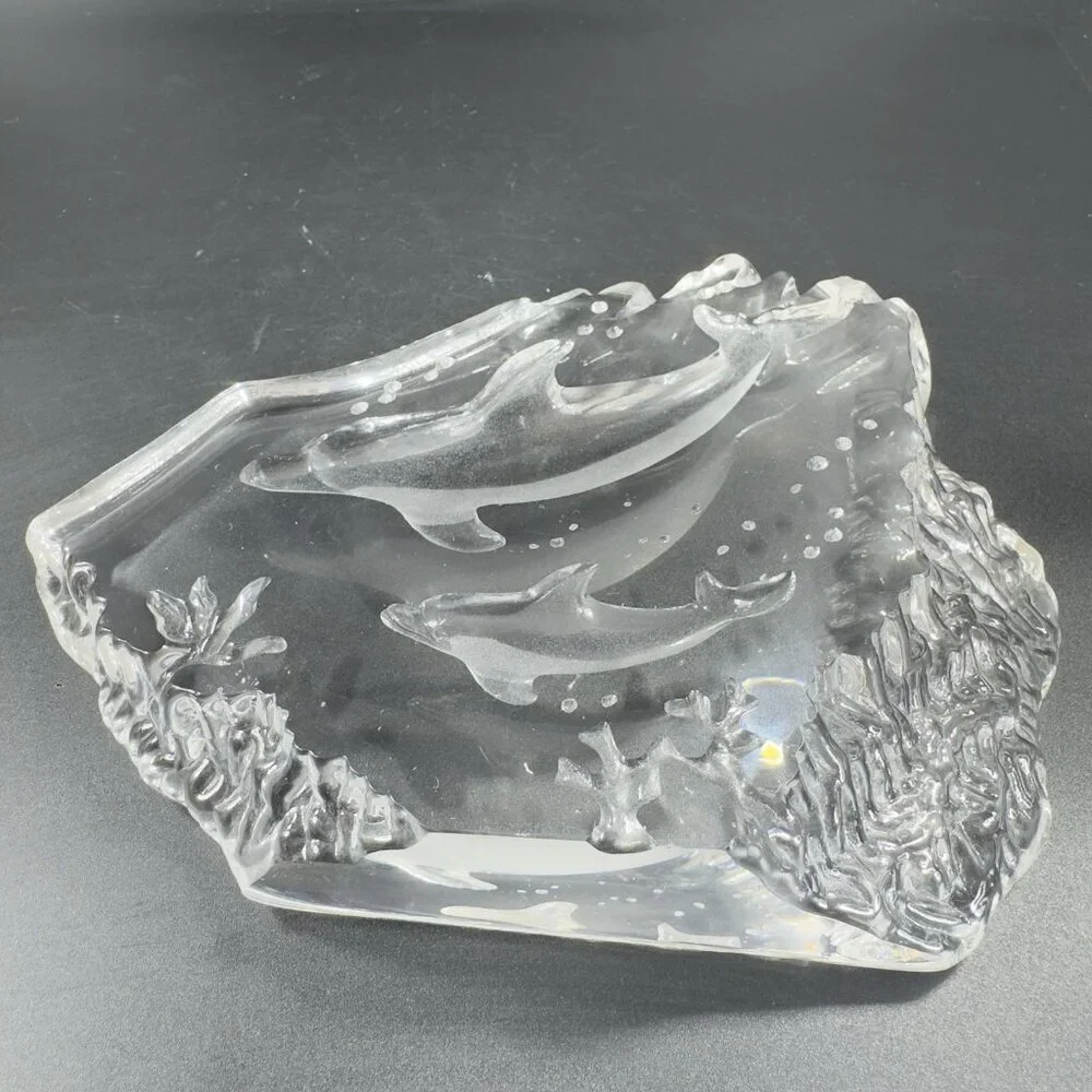 Vintage Clear Crystal Glass Plaque‎ Paperweight Dolphins Figurine Decorative VTG